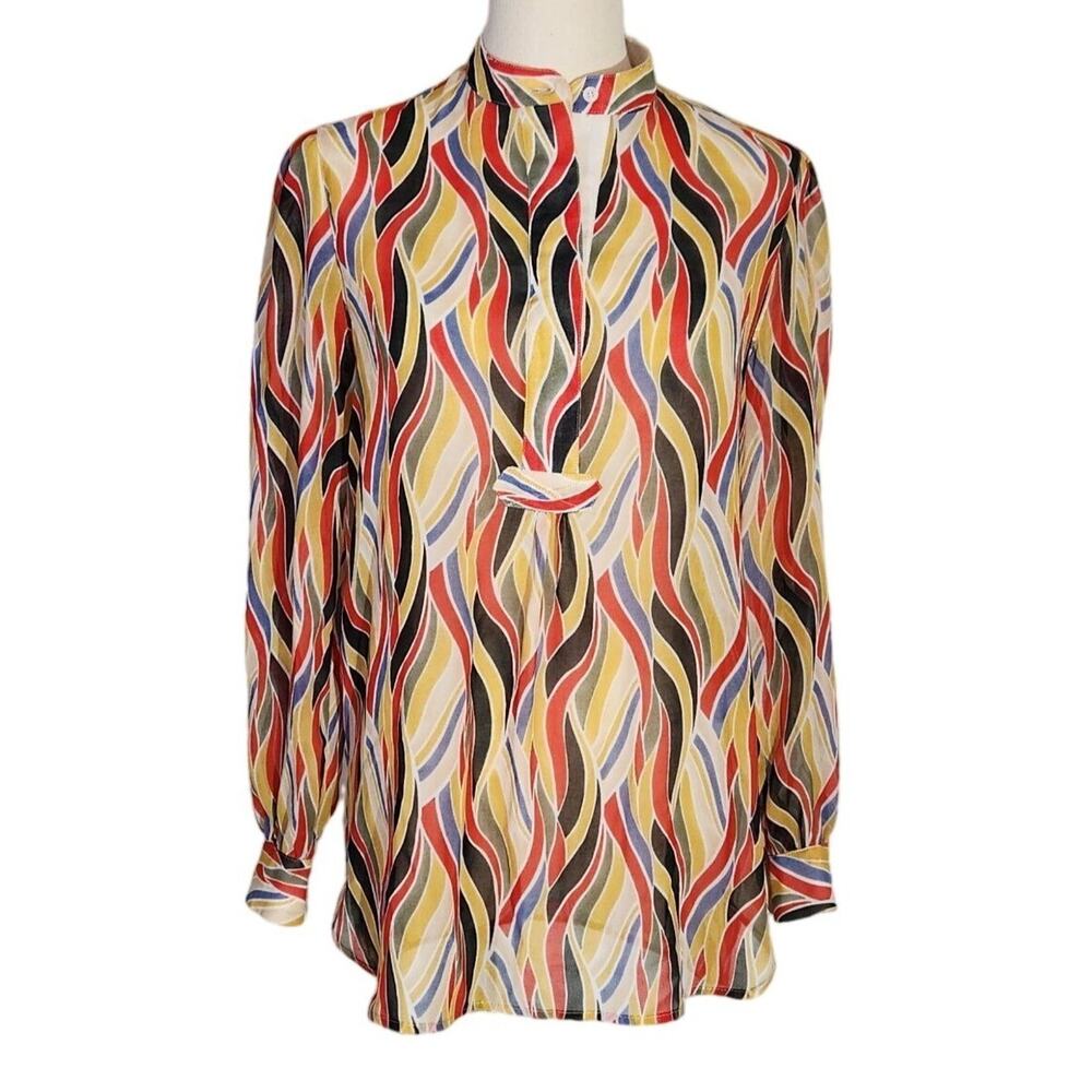 Anne Klein Retro Multicolor Geometric Sheer Longsleeve Blouse Womens Size 2 - Picture 5 of 13